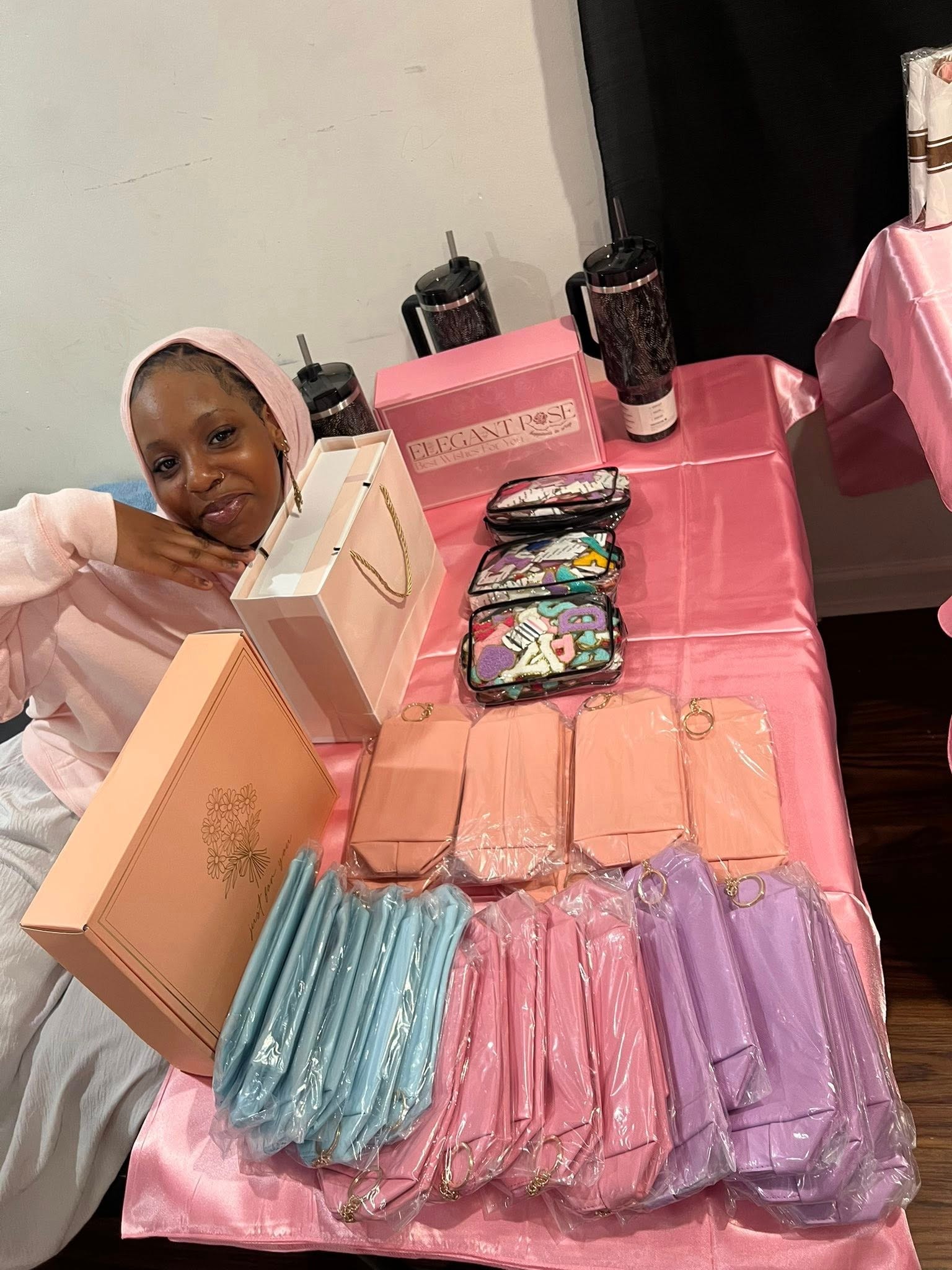 Woman displaying a product collection